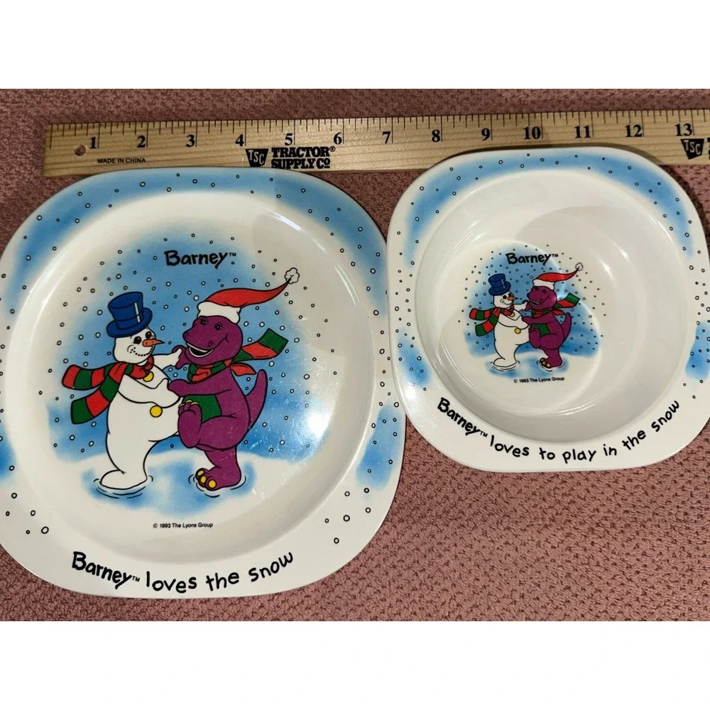 Barney Dinosaur Plate and Bowl 1993 Snowman‎ Snow Winter Loves to Play Vintage